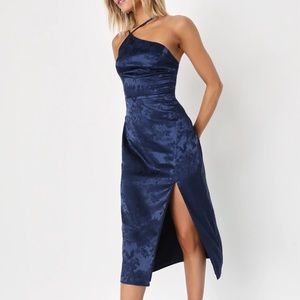 Lulus Dream Navy Blue Satin Jacquard Halter Neck Midi Dress